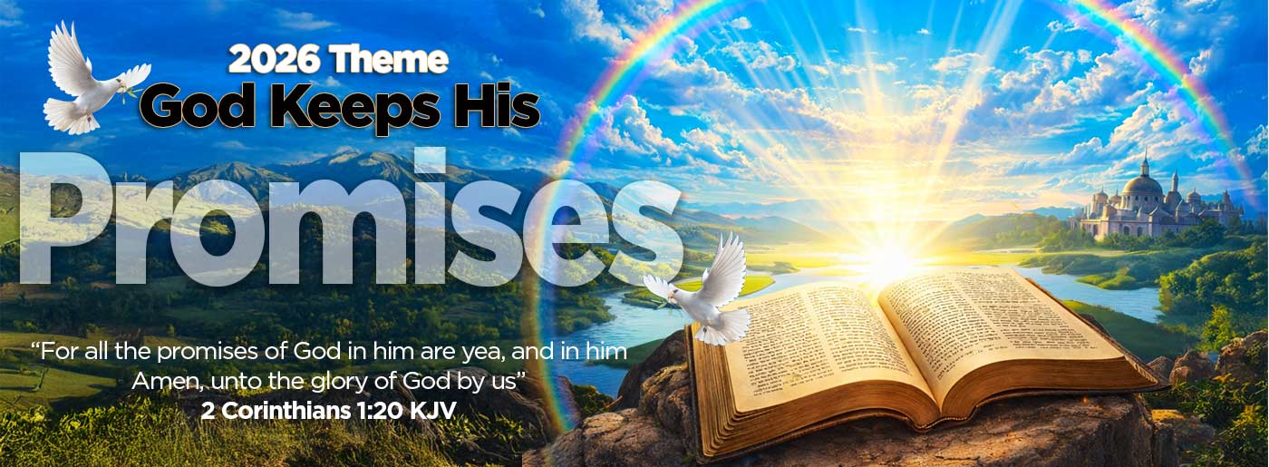 an image of a bible sitting on a rock with a blue sky and rainbow with the words 2025 Theme God Keeps His Promises