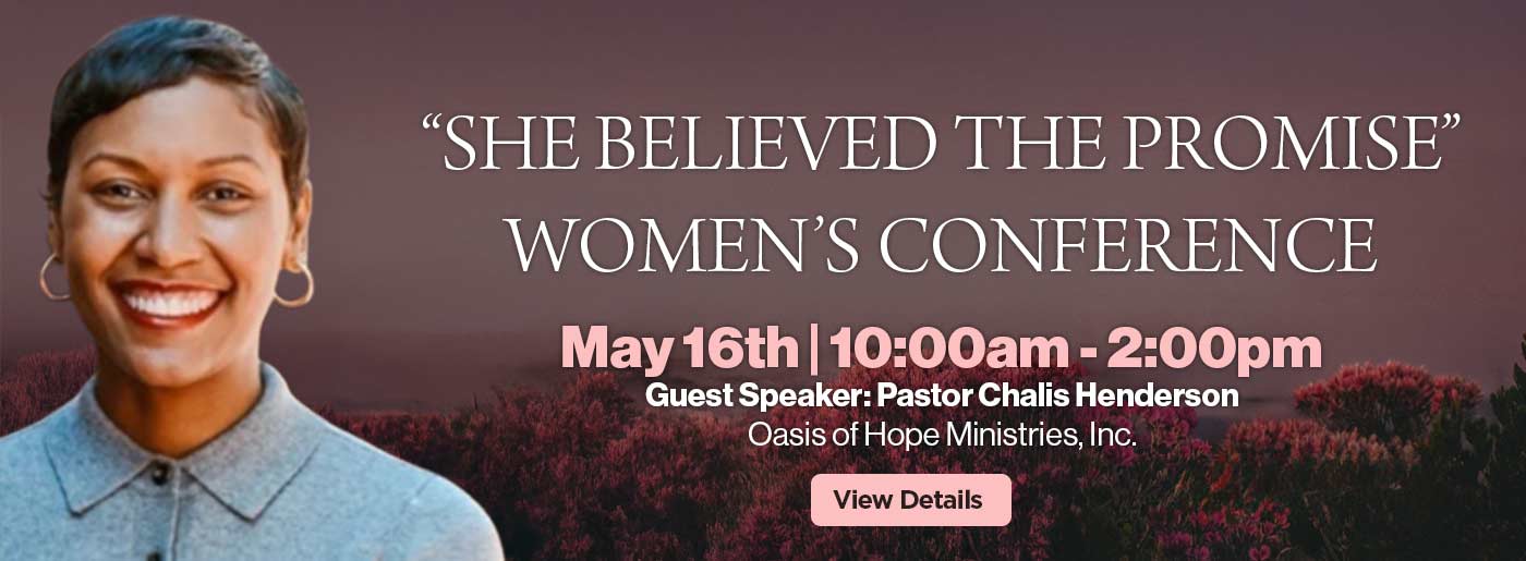 banner with lavender flows and a photo of Pastor Chalis Henderson to advertise the 2026 Women