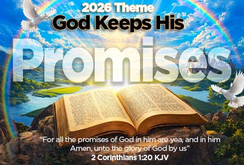 an image of a bible sitting on a rock with a blue sky and rainbow with the words 2025 Theme God Keeps His Promises